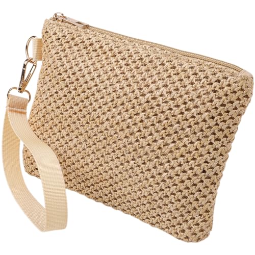 CREATCABIN Beigefarbene Kosmetiktasche Gewebtem Stroh Bohemian Stil Strand Stroh Geldbörsen Tragbare Aufbewahrungs Clutch Taschen Für Urlaub Und Reisen Für Outdoor Camping Toilettenartikel 21x15cm