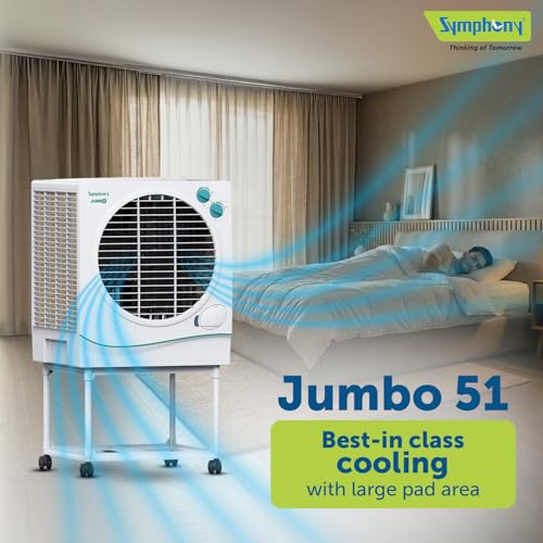 Symphony Jumbo 51 Desert Air Cooler For Home with Aspen Pads, Powerful Fan, Cool Flow Dispenser and Free Trolley (51L, White) view 2