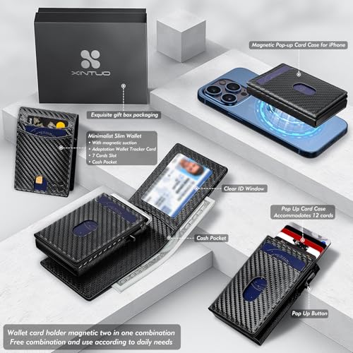 MagSafe Wallet For Men,Versatile Wallets with Pop-Up Card case, Rfid Blocking,ID Window,Card case with magnetic suction for flexible carrying,Wallet Gift For Male(Carbon Fiber color)2