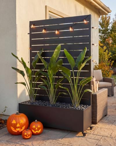 73″ Wide-Slat Privacy Planter Box with Trellis, Patio Screen, Black