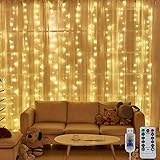 LEDイルミネーションライト カーテンライト ストリングライト300球 3m*3m 暖色 リモコン付き 8種類照明モード 点滅 点灯 輝度調節可能 USB式 防水 防塵仕様 多機能 雰囲気作り 屋外 室内 ガーデンライト 正月 クリスマス 飾り 誕生日 パーティー