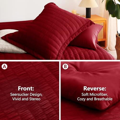 Image of CozyLux Full Size Comforter Sets Dark Red, 7 Pieces Seersucker Textured Luxury Bed in a Bag, All Seasons Soft Bedding Sets with Down Alternative Comforter, Sheets, Pillowcases & Shams, Bedroom Bed Set