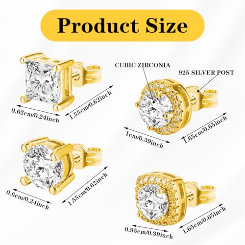 4 Pair Earrings Studs for Men Gold Cubic Zirconia, Ymapinc Surgical Steel CZ Studs Earrings for Men Women, 4 Models Round and Square Stud Teardrop Shapes2