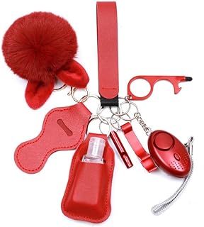 QINER Porte Clef Defense Femme Kit, Porte Clef Alarme Anti Agression avec Securite Accessoire,Alarme de Poche, Brise Vitre,Pom Poms, Ensemble de Porte-Clés de Sécurité pour Femme et Enfant