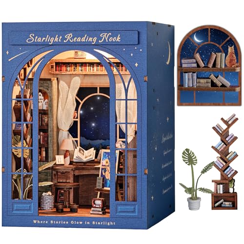 DolphinIsle Book Nook Kits für Erwachsene, DIY Booknook Bücherregal Dekor 3D Holzpuzzle Sternenlicht Leseecke mit funkelndem Sternenhimmel