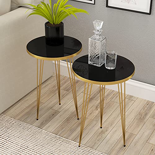 PAK HOME Set of 2 End Tables Round Wood Sofa Side Coffee Tables for Small Spaces, Nightstand Bedside Table with Metal Legs for Bedroom, Living Room, Office, Balcony (Black High Gloss)