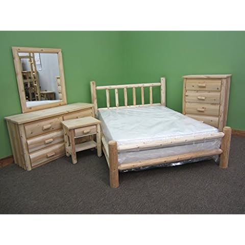 Midwest Log Furniture 5pc Bedroom Set - Handcrafted White Cedar/Solid Wood/Queen Log Bed Cover