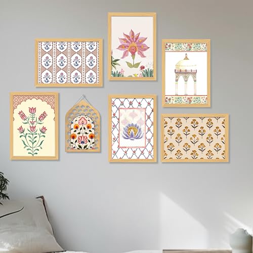 Image of PAINTINGMANTRA Indian Floral Framed Wall Art Set of 7 (1 MDF wall Hanging) - Mughal & Rajasthani Inspired Botanical Prints |Ethnic Wall Decor Framed Painting for Living Room & Bedroom, 9x13 Inch