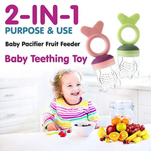 Gedebey Baby Food Pacifier Feeder – (2 Pack) Fruit Silicone Teether with Pacifiers Meshes Infant Teething Toys Fresh Frozen Fruit Teeth Toy Newborn Hygienic Nibbler Cover Set (Green&Pink 3) - Thumbnail 4