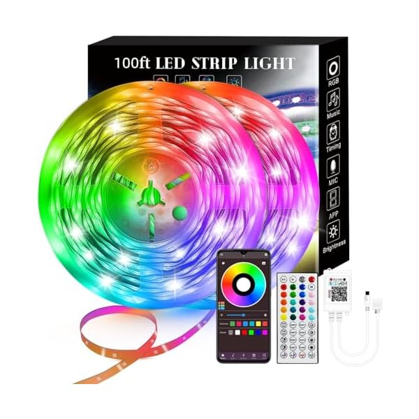 100FT Smart LED Strip Lights (2 Rolls of 50ft), RGB Strip Lights Sync to Music with 40 Key Remote Controller LED Lights for Bedroom,Christmas Lights decration (Multi-Colored, 100FT)
