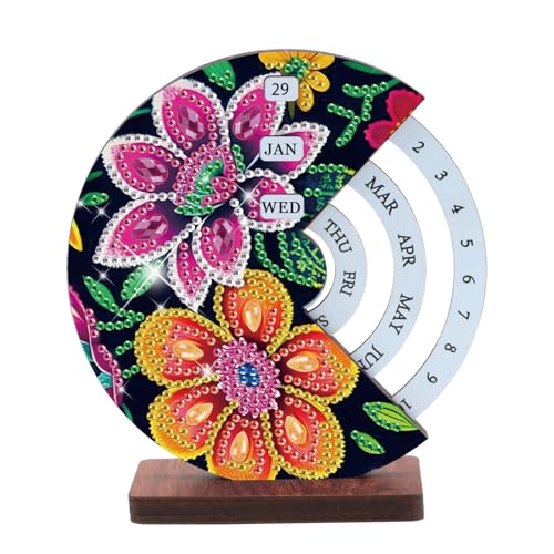 Image of AiYuanzsh DIY Diamond Art Tabletop Perpetual Calendar, 3D Wooden Desk Ornament with Floral Design, Sparkling Crystal Diamond Painting Kit for Desktop Decoration