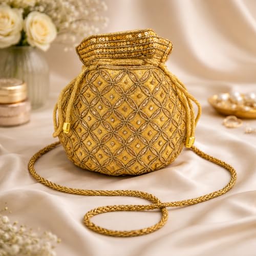 Image of Srajanna Women's Embellished Ethnic Pearl Potli Bag Traditional Handcrafted Evening Clutch for Weddings & Festive Occasions