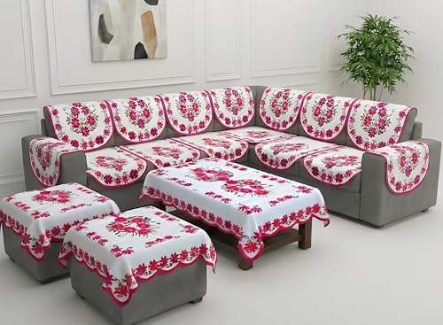 Image of Fab Nation Sofa Cover L Shape 5 Seater with Corner L Type Sofa Set for Living Room | Cotton Sofa Slipcovers for 3 + 2 Seaters Cover with 2 Arms + 2 Setty Covers + 1 Table Cover | Floral Pink