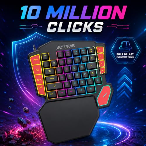 Image of Ant Esports MK1005 One Hand Gaming Keyboard - 45 RGB Backlit Keys, 3 Macro Keys (G1-G3) + REC Key, WASD /Arrow Key Swap, Ergonomic Wrist Rest, USB Type-C OTG Adapter for PC, Laptop & Mobile Gaming