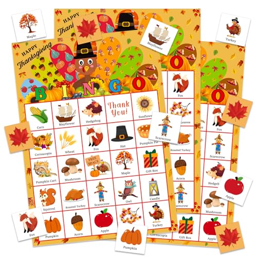 GMEMNOV Thanksgiving Bingo Game for Family Adults - 24 Players Turkey Bingo Games Cards Thanksgiving Party Supplies for School Classroom Family Activities