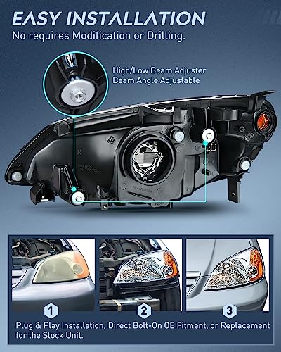 Nilight NA561 Headlight Assembly Compatible With 2001 2002 2003 Honda Civic Headlamps Replacement Chrome Housing Amber Reflector Upgraded Clear Lens Driver And Passenger Side thumb #7