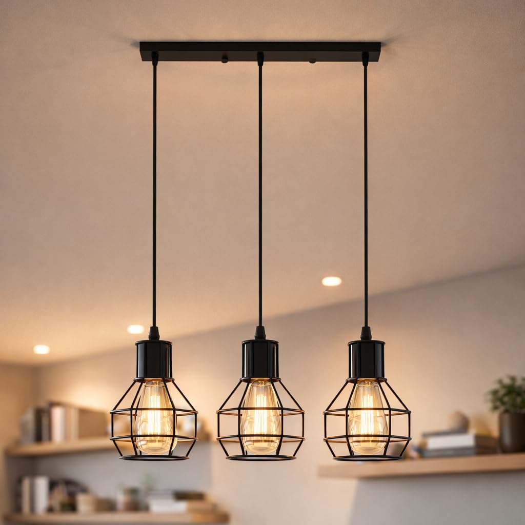 LEDSone 3 Light Industrial Ceiling Pendant Light, Black Geometric Cage Bar Fitting, E27 Adjustable Hanging Lamp, 50cm Vintage Chandelier for Kitchen Island Dining Room โ image 1