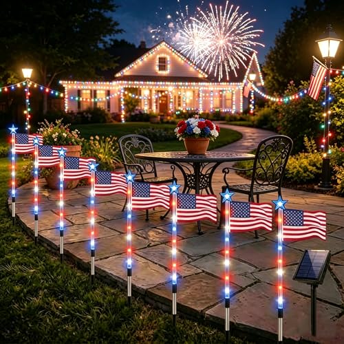 8 Pack Solar American Flag Pathway Lights 4th of July Decorations Outdoor American Flag Lights Waterproof Patriotic Pathway Lights with 8 Modes Solar Garden Lights for 250th Anniversary