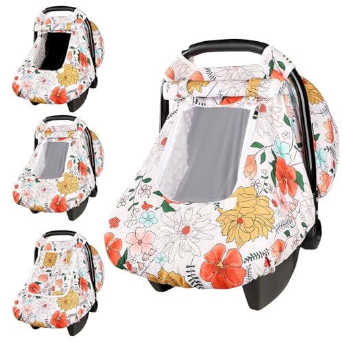 Image of Baby Carseat Cover Girls, Pea Pod Infant Car Seat Covers Canopy for Newborn with 2 Layers Windows of Breathable Mesh/Fabric, Lightweight Polyester/Minky Dot Backing, Snug Fit Most Baby Car Seat