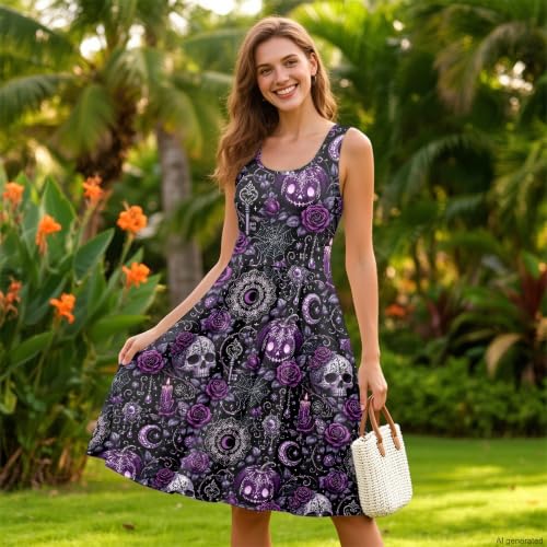 Image of TOADDITDO Women's Sleeveless O Neck Beach A-Line Party Coctail Tank Dresses Flared Sundress