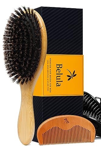Belula 100% Boar Bristle Hair Brush For Men Set. Soft Hairbrush For Thin, Normal And Short Hair. Boar Bristle Brush And Wooden Comb For Men. Free 2 X Palm Brush & Travel Bag Included. #TOP4