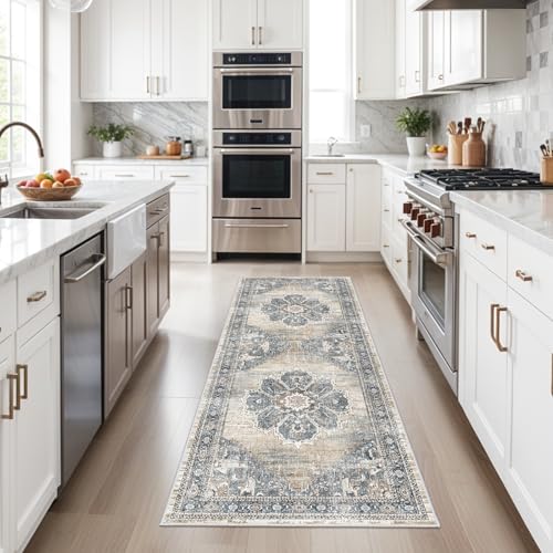2x6 Hallway Runner Rug Washable: Soft Kitchen Rug Non Slip Runner with Rubber Backing for Living Room Bedroom Bathroom Non Shedding Farmhouse Carpet Runners (Blue, 2X6)