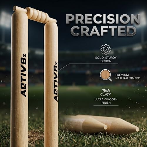 Image of Wooden Cricket Wicket Set Full Size with 1 Base, 2 Bails & 3 Wickets