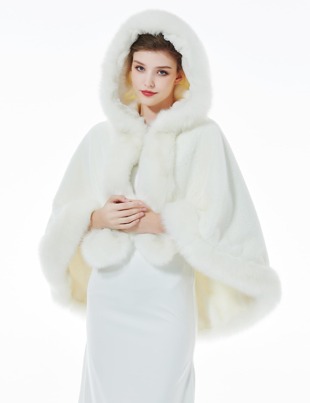 BEAUTELICATE Estola de Pelo para Bodas Cape con Capucha Poncho de Piel Sintética Chal Mujer Fiesta Boleros Novia Halloween Navidad Invierno