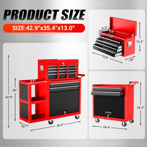 Image of 8-Drawers Rolling Tool Chest, Assembled Tool Cabinet, Detachable Top Toolbox, 30% Extra Storage Tool Cabinet Universal Lockable Wheels, Tool Rack, Metal Tool Storage Cart for Garage Workshop, Red