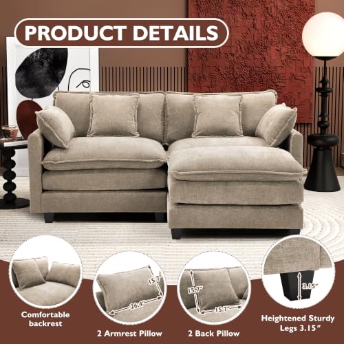 Image of Ihanherry 77 inch L Shaped Modern Sofa Modular Sectional Luxurious and Comfortable with Ottoman, 3-Seat Chenille Deep Seat Sofa with Pillow for Living Room, Bedroom and Apartment,Sand