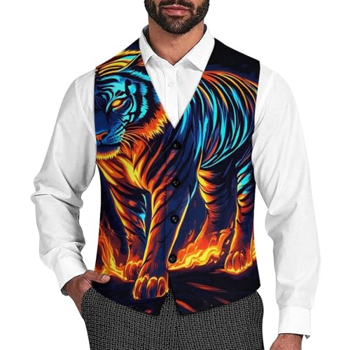 Tiger with Glowing Neon Men's Formal Suit Vest for Business Formal Or Casual Dress Waistcoat Wedding