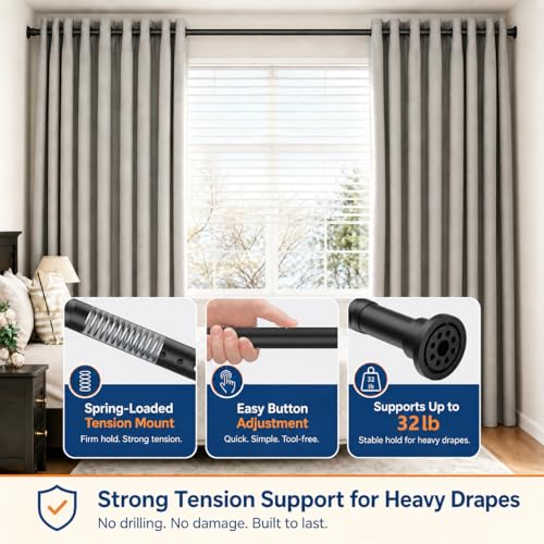 Image of ALLZONE Tension Curtain Rod for Window, 83-123 Inches, Heavy Duty Curtain Rods No Drilling, Non-Slip Bathroom Shower Tension Rod, Renter Friendly, Adjustable, Spring Loaded, Extra Long, Black