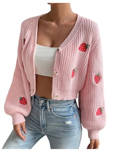 WDIRARA Women's Strawberry Embroidery Crop Cardigan Drop Shoulder Button Up Sweater Tops V Neck Outerwear4