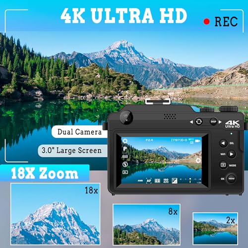 4K 48MP Digital Camera for Photography: 18X Zoom Dual-lens Travel Vlogging Camera with 32GB TF Card for Youtube Tiktok 3''Autofocus Compact Camera for Teenagers Beginners Students - Image 2