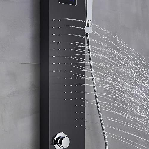 Panel de ducha con LED y torre de lluvia en acero inoxidable, sistema de boquillas de masaje cascada, columna mezcladora para ducha - Negro miniatura 7