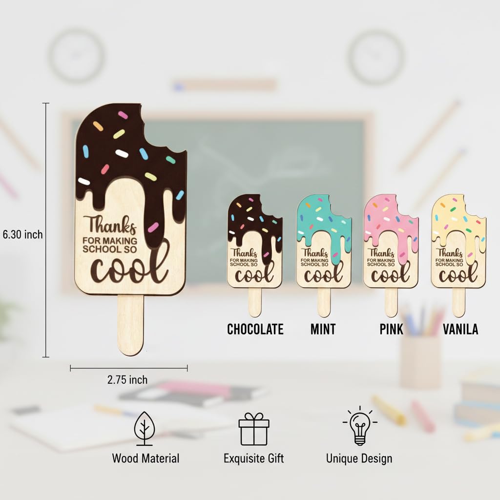 School is Cool Set 2 Pieces 3D Wooden Ice Cream Teacher Gift Card Holder, Teacher Appreciation Gift, Thank You Keepsake for Educators, End of Year & Back to School Surprise (Chocolate)