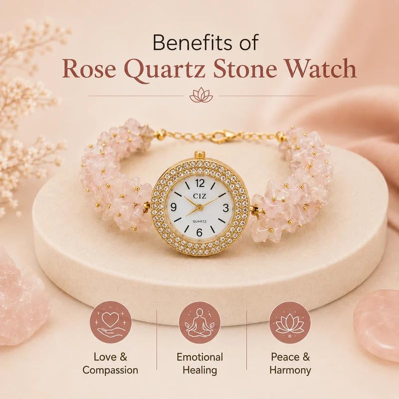 Image of ARKN Crystal Bracelet Watch for Women | Natural Gemstone Beaded Wrist Watch | Gold-Tone Dial with Rhinestone Bezel | Adjustable Fashion Jewellery Gift for Women & Girls