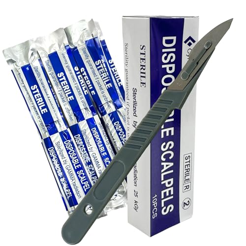 Sterile Disposable Scalpels (10 Per Pack) - Size #23 Carbon Steel Blades with Plastic Handle for Dermaplaning, Crafts, Podiatry, Wood Model Making, Mycology, Plant Cutting,Dissecting & More (2)