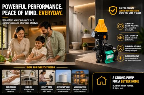 Image of V Guard 1 hp Automatic Pressure Booster Pumps with Torque Boost Technology, for Household (Upto 3-4 Bathrooms), 1 Year ON-SITE Warranty