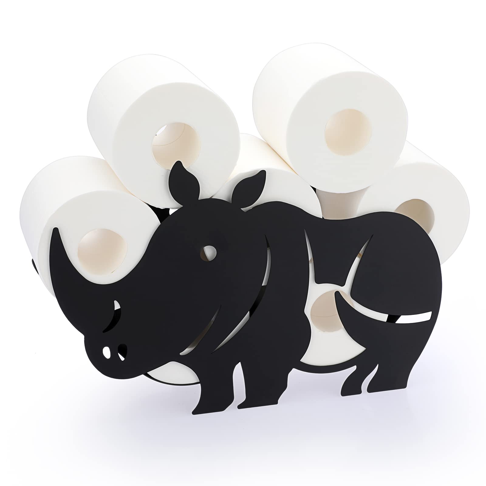 BTSKY Metal Toilet Paper Roll Holder - Matte Black Animal Style Toilet Tissue Holder, Freestanding & Wall Mount Toilet Tissue Storage Container for Bathroom, Home, Kitchen, Toilet (Rhinoceros)