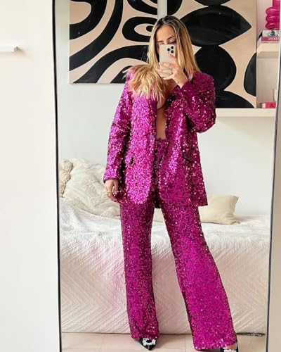 HZUOU Sequin Suits for Women Sparkly Ladies Party Clubwear 2 Pieces Wedding Festival Outfits with Wide Leg Flare Pants HZH454