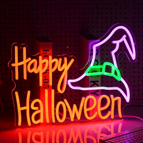 Image of Happy Halloween Neon Sign Mysterious Purple Green Hat LED Neon Light for Wall Decor Dimmable USB Powered Halloween Light Up Sign for Halloween Decor Home Spooky Party bedroom Decor(16.5 * 12.6 In)