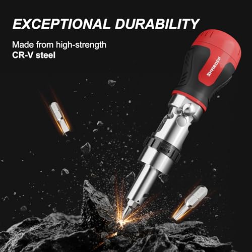 Image of SHARDEN 8 in 1 Stubby Ratcheting Screwdriver Multi Screwdriver Tool All in One with 6 CRV Bits Phillips, Slotted, Torx,180 Degree Pivoting Adjustable Angle Screw Driver Set for Tight Spaces
