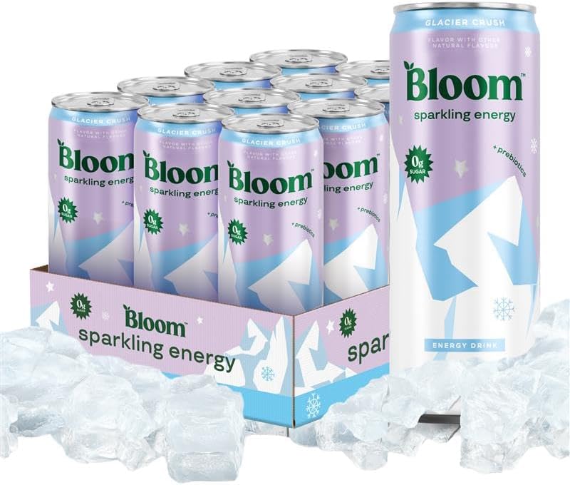 Bloom Nutrition Sparkling Energy Drink - Natural Caffeine, Zero Sugar, 180mg - Antioxidant-Rich with Green Coffee Bean, Green Tea Extract, Prebiotics - Glacier Crush - 12oz 12 Pack