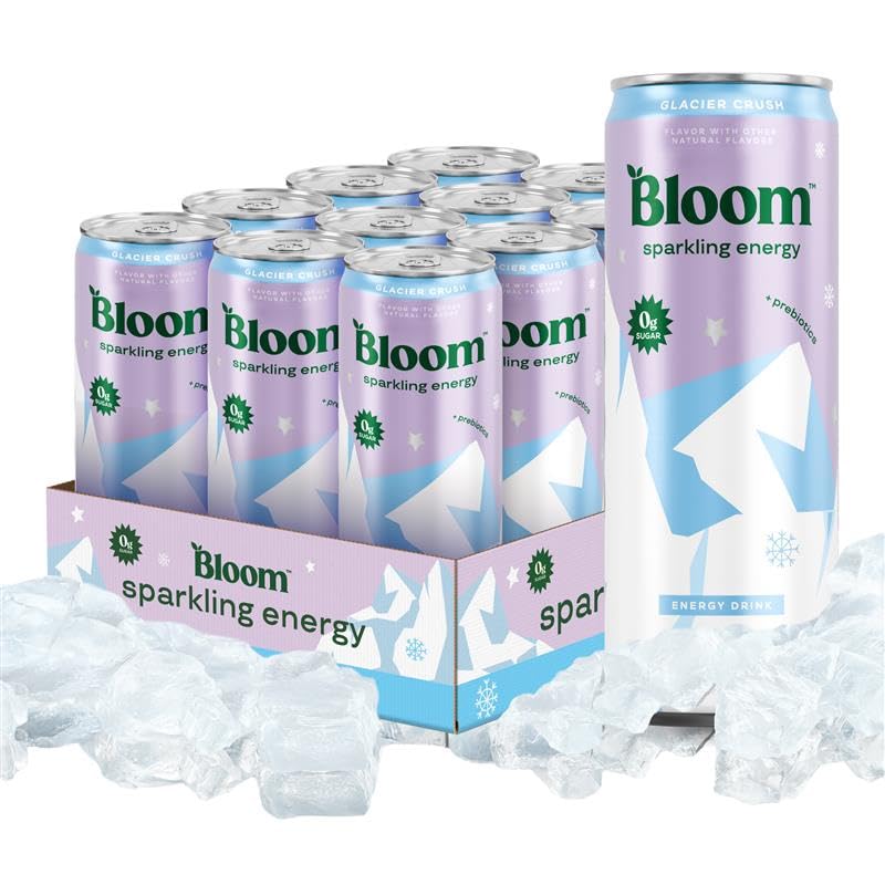 Bloom Nutrition Sparkling Energy Drink - Natural Caffeine, Zero Sugar, 180mg - Antioxidant-Rich with Green Coffee Bean, Green Tea Extract, Prebiotics - Glacier Crush - 12oz 12 Pack