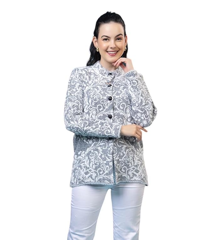 Image of Wear lusso Women Woolen Round Neck Self Design Cardigan | Heavy Hair Fabric Winter Wear | Pure Wool Long Cotty Fully Warm Cardigan Sweater
