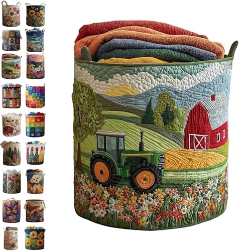 Image of Quilted Laundry Baskets with Handles, Large Floral Fabric Hampers, Extra Soft Boho Chic Storage Organizer for Nurseries, Collapsible Clothes Bins, Portable Bedroom Washing Container