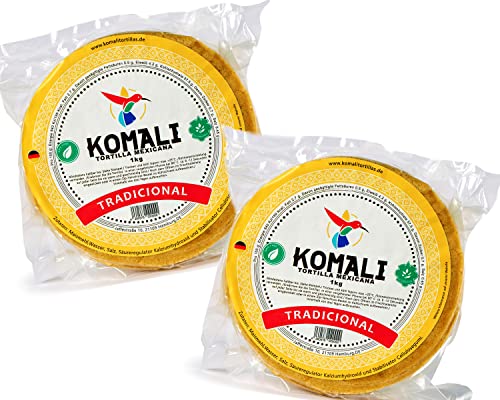 Gelbe Mais Tortillas Komali 1 kg (15 cm je ca. 40 St.) Pack von 2, Mexikanische traditionelle glutenfreie Tortilla de Maiz