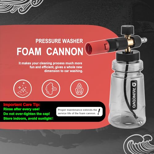 Image of Raincovo Foam Cannon Wide Mouth for Pressure Washer, Thick Snow Foam Lance for Car Wash, Adjustable Soap Cannon with 1 /4 Inch Quick Connector, Additional 1.1mm Orifice Nozzle