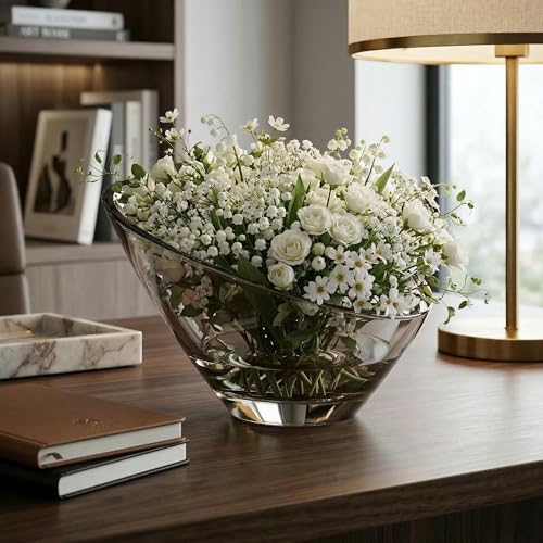 Image of KALAKRITI 6 Inches Glass Flower Vase | Slant Cut Vase for Fresh Flowers, Floating Candles & Potpourri | Multipurpose Centerpiece Bowl for Living Room, Dining Table & Office Decor (Pack of 1)